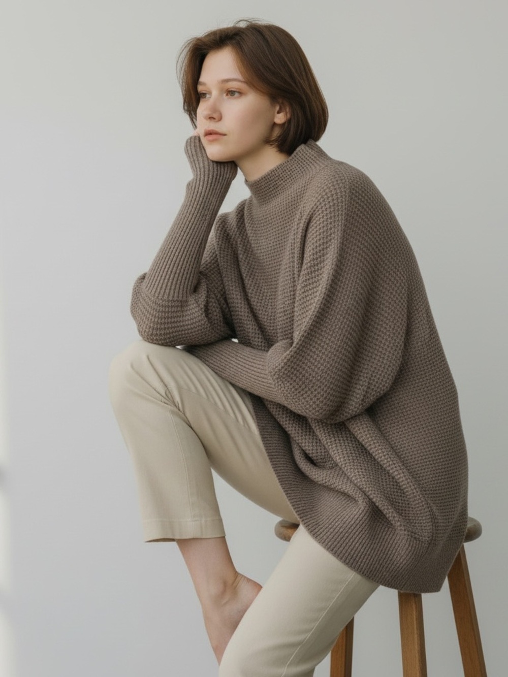 Cyrus Taupe Oversized Cowl Mock-Neck Sweater